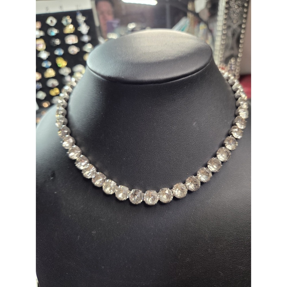 Vintage Eisenberg Rhinestone Necklace 16" Signed Clasp Ice Silver Tone Statement